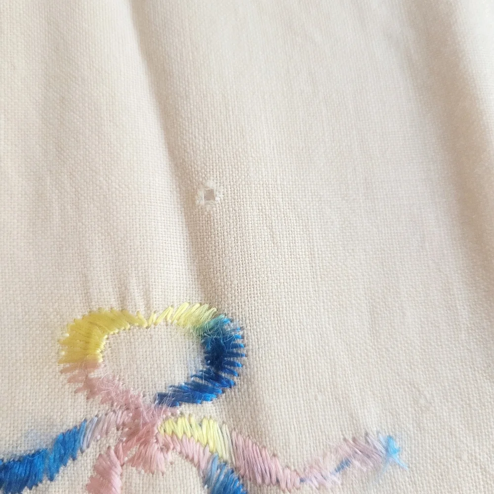 Vintage Handmade Linen Round Tablecloth Lace Ivory Floral Basket‎ Embroidery